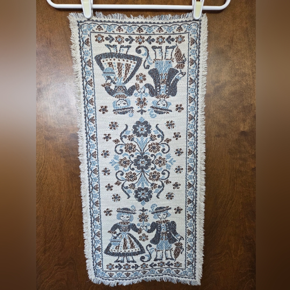 Vintage Austrian Folk Art Woven Cotton textile table runner. Dutch Boy and Girl